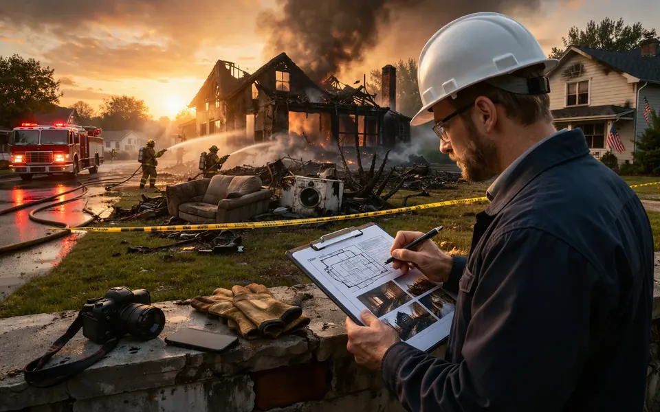 Adjuster in a hard hat holding a tablet in front of a burning house with a fire truck nearby