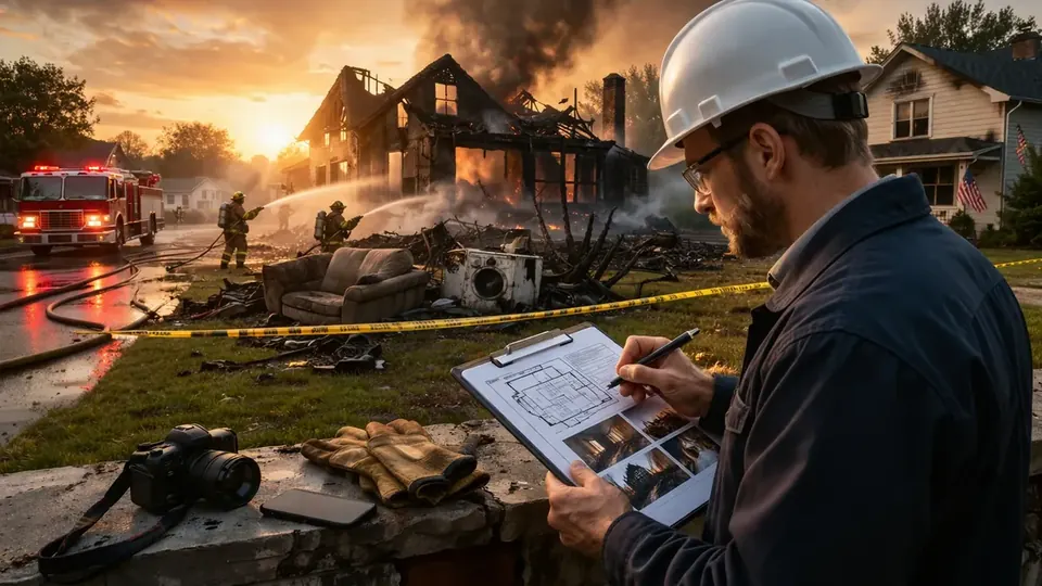 Fire-damaged San Antonio home with charred roof framing and smoke-stained exterior walls
