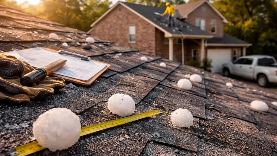 Hail-damaged composition shingle roof on a San Antonio, Texas home after a spring storm