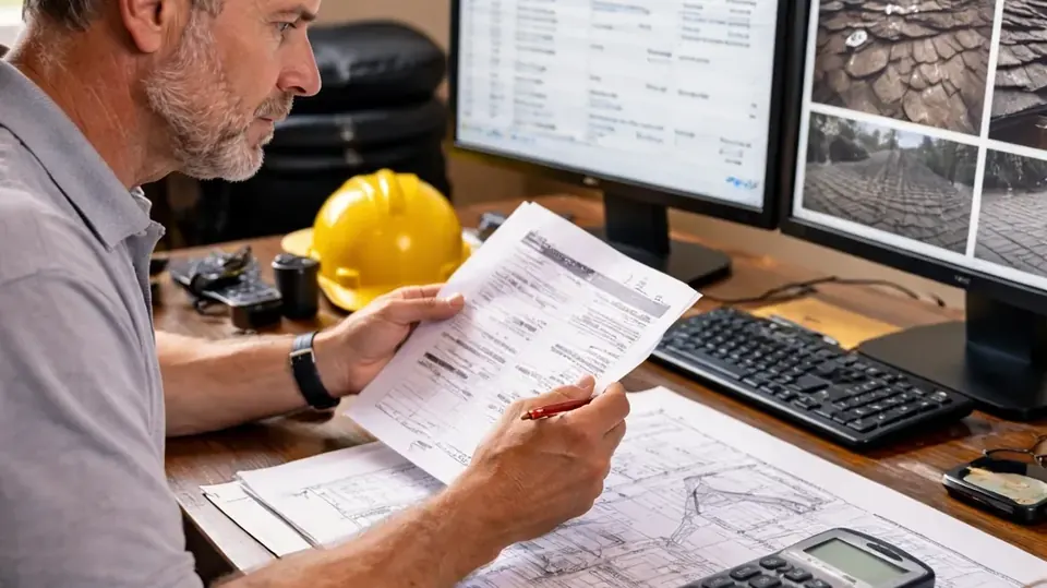 Estimator reviewing an Xactimate insurance estimate on computer screens