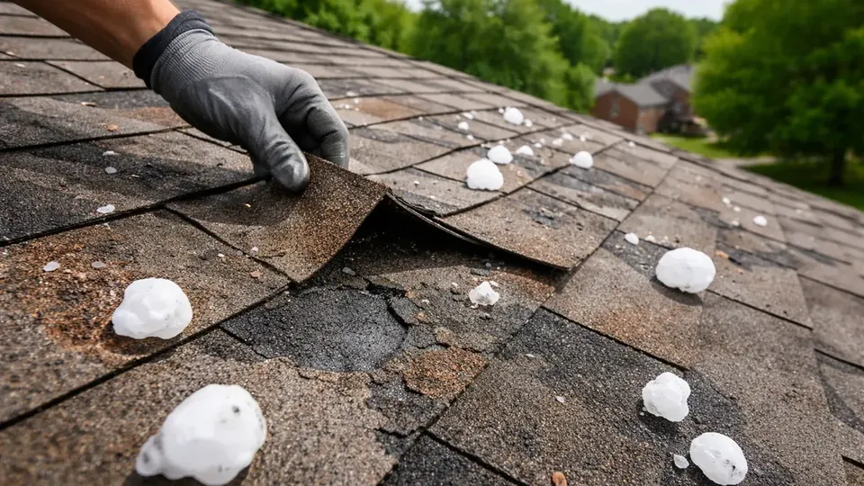 Damaged composition shingle roof on a San Antonio home awaiting an insurance inspection