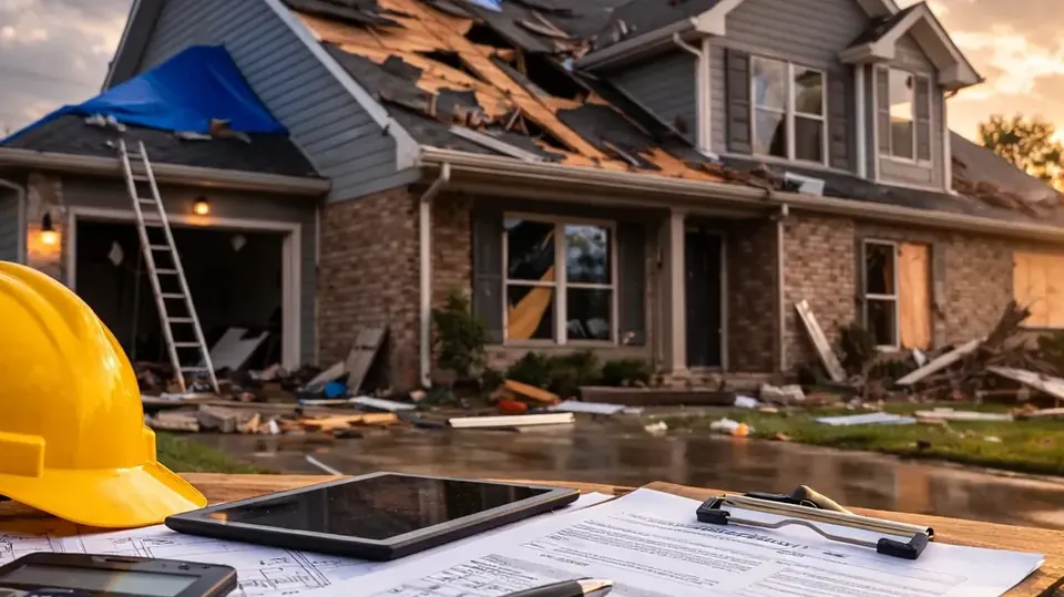 Wind-damaged roof with missing shingles and a fallen tree limb at a San Antonio home