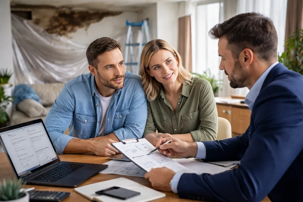 Couple meeting with an adjuster at a kitchen table to review a laptop and claim papers