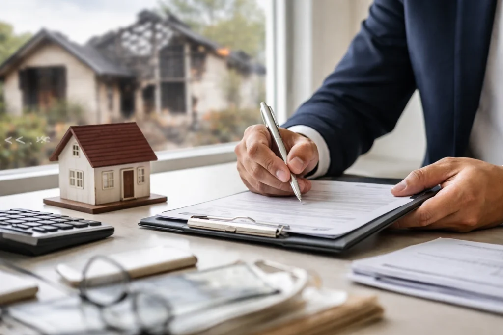 Hand signing a claim form beside a model house, with a fire-damaged house visible through the window