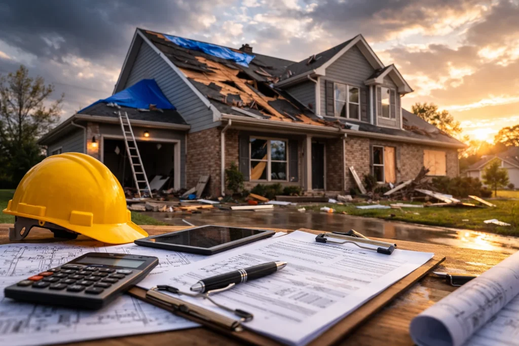 Storm-damaged two-story house with a tarp on the roof, and a hard hat and clipboard on a table