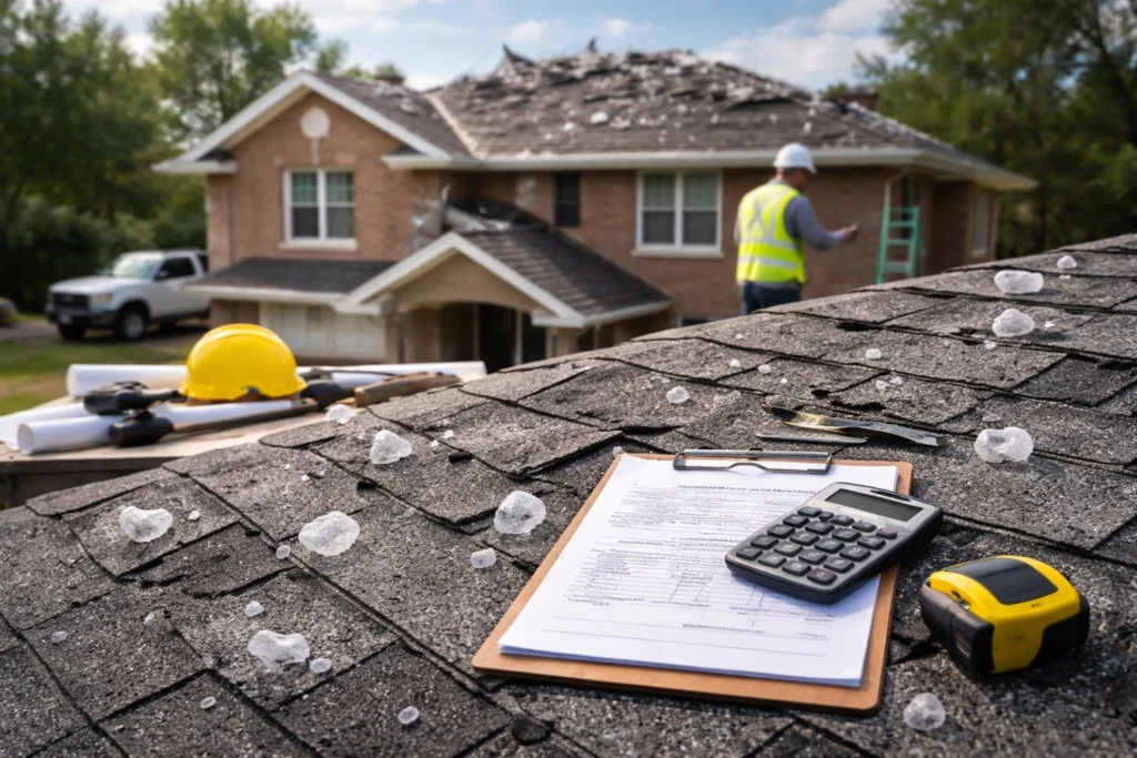 Hailstones on a shingle roof next to a printed insurance estimate and calculator