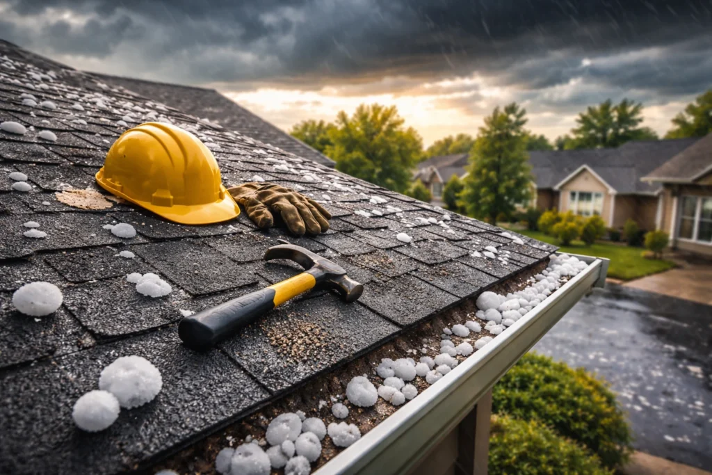 Large hailstones collected in a roof gutter next to a hard hat and hammer